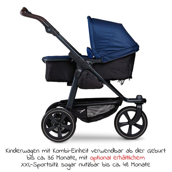 TFK Kombi-Kinderwagen Mono 2 Luftkammerreifen inkl. Kombi-Einheit (Babywanne + Sitz) mit Liegeposition&XXL Zubehör - Marine