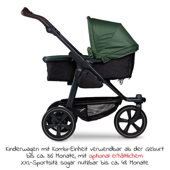 TFK Kombi-Kinderwagen Mono 2 Luftkammerreifen inkl. Kombi-Einheit (Babywanne + Sitz) mit Liegeposition&XXL Zubehör - Olive