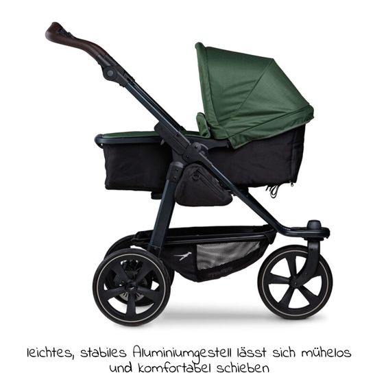 TFK Kombi-Kinderwagen Mono 2 Luftkammerreifen inkl. Kombi-Einheit (Babywanne + Sitz) mit Liegeposition&XXL Zubehör - Olive