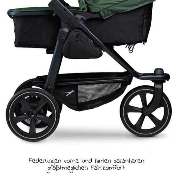 TFK Kombi-Kinderwagen Mono 2 Luftkammerreifen inkl. Kombi-Einheit (Babywanne + Sitz) mit Liegeposition&XXL Zubehör - Olive