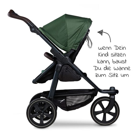 TFK Kombi-Kinderwagen Mono 2 Luftkammerreifen inkl. Kombi-Einheit (Babywanne + Sitz) mit Liegeposition&XXL Zubehör - Olive