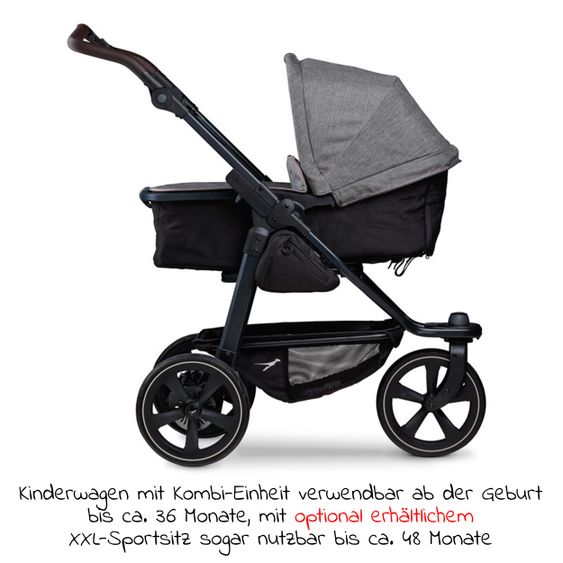 TFK Kombi-Kinderwagen Mono 2 Luftkammerreifen inkl. Kombi-Einheit (Babywanne + Sitz) mit Liegeposition&XXL Zubehör - Pr. Grau