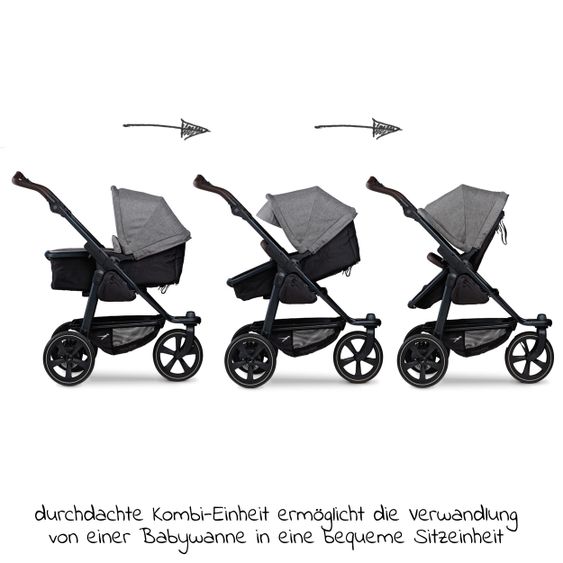 TFK Kombi-Kinderwagen Mono 2 Luftkammerreifen inkl. Kombi-Einheit (Babywanne + Sitz) mit Liegeposition&XXL Zubehör - Pr. Grau