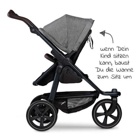 TFK Kombi-Kinderwagen Mono 2 Luftkammerreifen inkl. Kombi-Einheit (Babywanne + Sitz) mit Liegeposition&XXL Zubehör - Pr. Grau