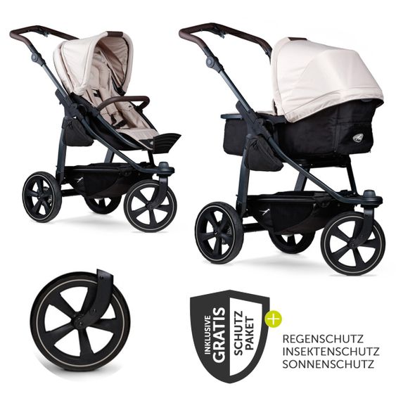 TFK Kombi-Kinderwagen Mono 2 Luftkammerreifen inkl. Kombi-Einheit (Babywanne + Sitz) mit Liegeposition&XXL Zubehör - Sand