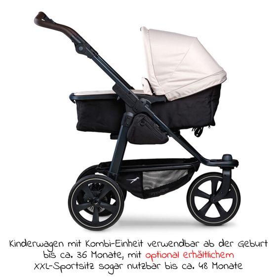 TFK Kombi-Kinderwagen Mono 2 Luftkammerreifen inkl. Kombi-Einheit (Babywanne + Sitz) mit Liegeposition&XXL Zubehör - Sand