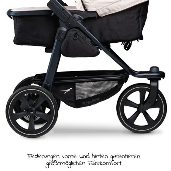 TFK Kombi-Kinderwagen Mono 2 Luftkammerreifen inkl. Kombi-Einheit (Babywanne + Sitz) mit Liegeposition&XXL Zubehör - Sand