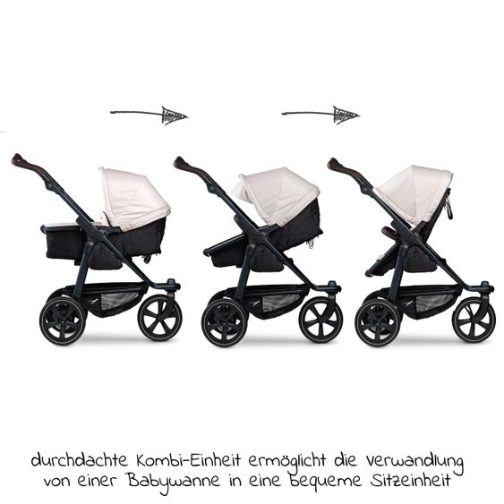 TFK Kombi-Kinderwagen Mono 2 Luftkammerreifen inkl. Kombi-Einheit (Babywanne + Sitz) mit Liegeposition&XXL Zubehör - Sand