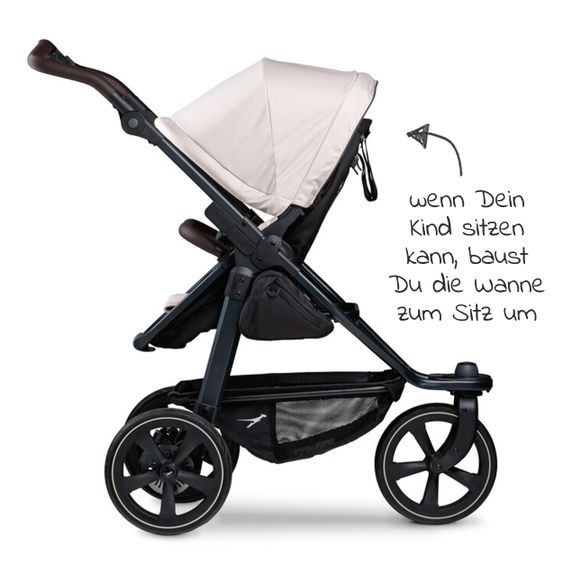 TFK Kombi-Kinderwagen Mono 2 Luftkammerreifen inkl. Kombi-Einheit (Babywanne + Sitz) mit Liegeposition&XXL Zubehör - Sand