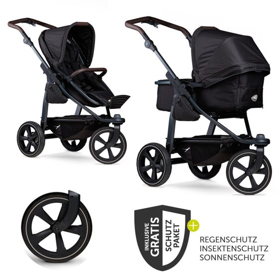 TFK Kombi-Kinderwagen Mono 2 Luftkammerreifen inkl. Kombi-Einheit (Babywanne + Sitz) mit Liegeposition&XXL Zubehör - Schwarz