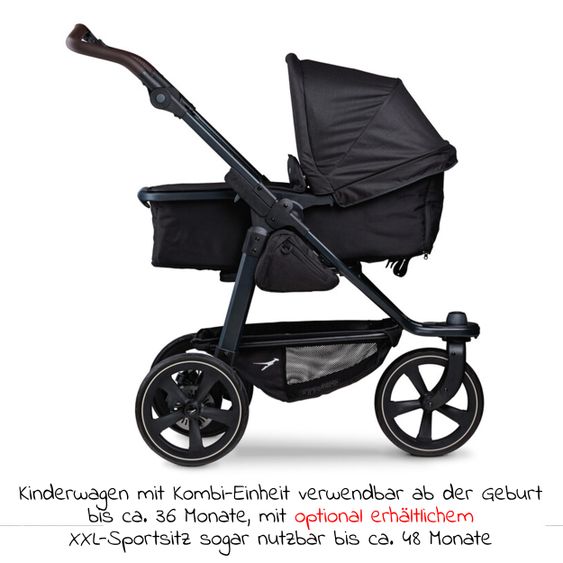 TFK Kombi-Kinderwagen Mono 2 Luftkammerreifen inkl. Kombi-Einheit (Babywanne + Sitz) mit Liegeposition&XXL Zubehör - Schwarz