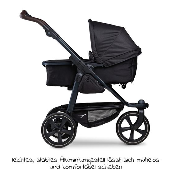 TFK Kombi-Kinderwagen Mono 2 Luftkammerreifen inkl. Kombi-Einheit (Babywanne + Sitz) mit Liegeposition&XXL Zubehör - Schwarz