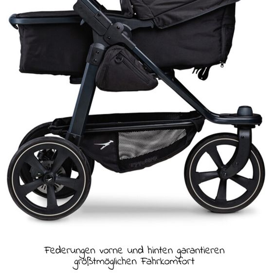 TFK Kombi-Kinderwagen Mono 2 Luftkammerreifen inkl. Kombi-Einheit (Babywanne + Sitz) mit Liegeposition&XXL Zubehör - Schwarz