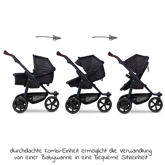 TFK Kombi-Kinderwagen Mono 2 Luftkammerreifen inkl. Kombi-Einheit (Babywanne + Sitz) mit Liegeposition&XXL Zubehör - Schwarz