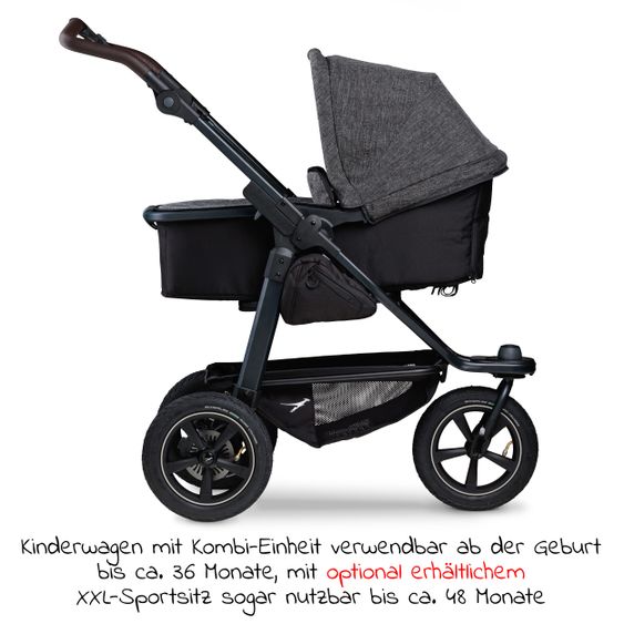 TFK Kombi-Kinderwagen Mono 2 Luftreifen inkl. Kombi-Einheit (Babywanne+Sitz) mit Liegeposition & XXL Zubehörpaket - Anthrazit