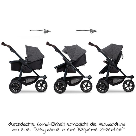 TFK Kombi-Kinderwagen Mono 2 Luftreifen inkl. Kombi-Einheit (Babywanne+Sitz) mit Liegeposition & XXL Zubehörpaket - Anthrazit