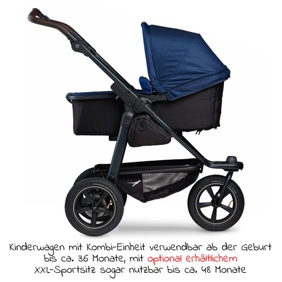 TFK Kombi-Kinderwagen Mono 2 Luftreifen inkl. Kombi-Einheit (Babywanne+Sitz) mit Liegeposition & XXL Zubehörpaket - Marine