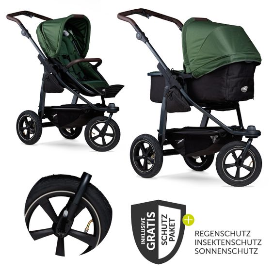 TFK Kombi-Kinderwagen Mono 2 Luftreifen inkl. Kombi-Einheit (Babywanne+Sitz) mit Liegeposition & XXL Zubehörpaket - Olive