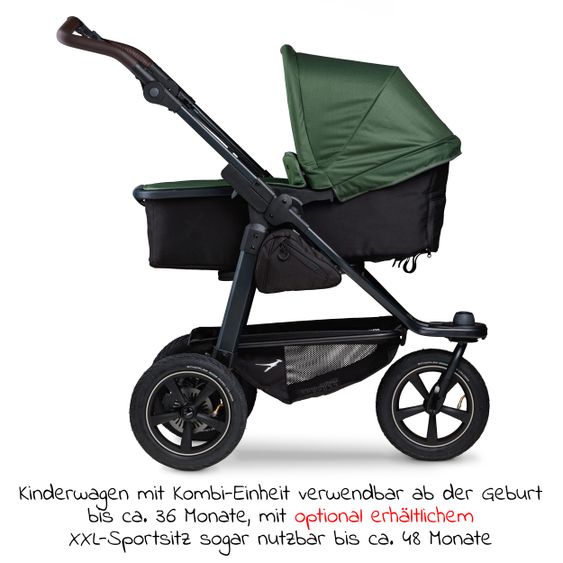 TFK Kombi-Kinderwagen Mono 2 Luftreifen inkl. Kombi-Einheit (Babywanne+Sitz) mit Liegeposition & XXL Zubehörpaket - Olive