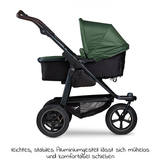 TFK Kombi-Kinderwagen Mono 2 Luftreifen inkl. Kombi-Einheit (Babywanne+Sitz) mit Liegeposition & XXL Zubehörpaket - Olive