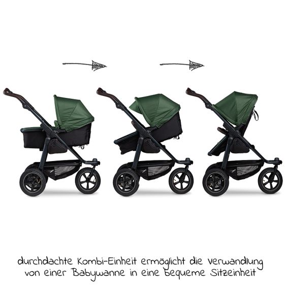 TFK Passeggino combinato Mono2 con pneumatici e unità combinata (navicella+seduta) con posizione reclinabile e pacchetto accessori XXL - Olive