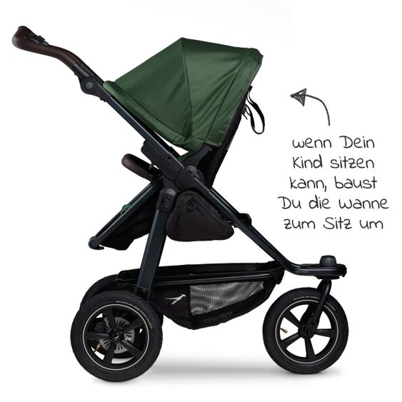 TFK Kombi-Kinderwagen Mono 2 Luftreifen inkl. Kombi-Einheit (Babywanne+Sitz) mit Liegeposition & XXL Zubehörpaket - Olive