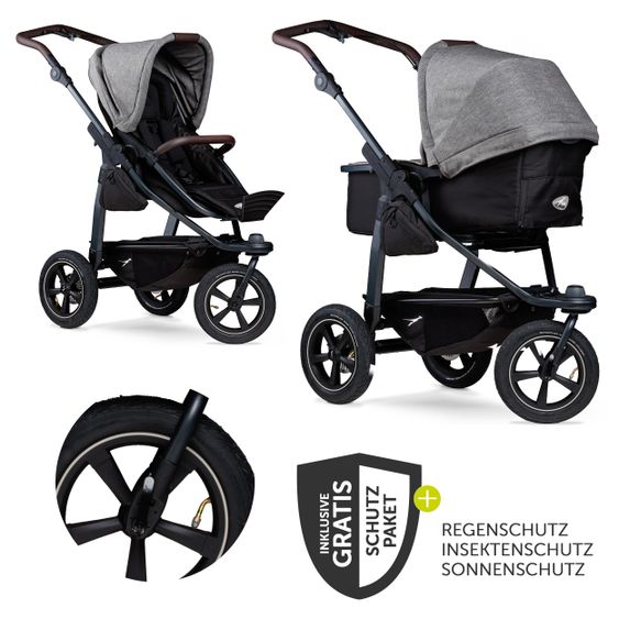 TFK Kombi-Kinderwagen Mono 2 Luftreifen inkl. Kombi-Einheit (Babywanne+Sitz) mit Liegeposition & XXL Zubehörpaket - Pr. Grau