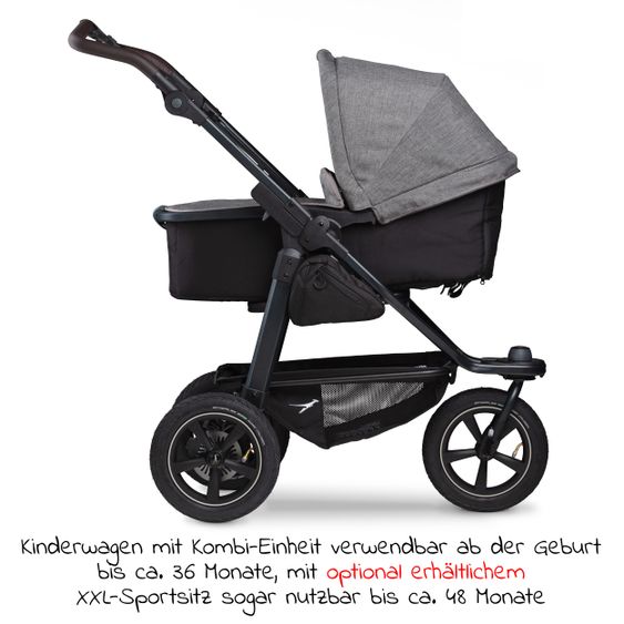 TFK Kombi-Kinderwagen Mono 2 Luftreifen inkl. Kombi-Einheit (Babywanne+Sitz) mit Liegeposition & XXL Zubehörpaket - Pr. Grau