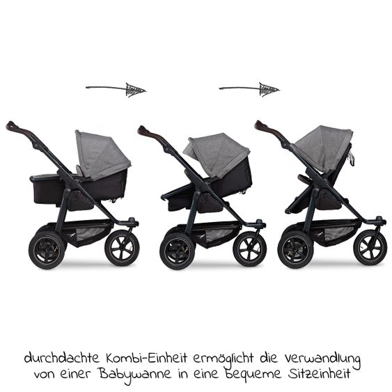 TFK Combi stroller Mono2 pneumatic tires incl. Combi unit (baby bath+seat) with reclining position & XXL accessories package - Pr. Grey