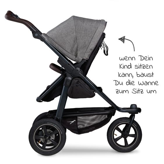 TFK Combi stroller Mono2 pneumatic tires incl. Combi unit (baby bath+seat) with reclining position & XXL accessories package - Pr. Grey