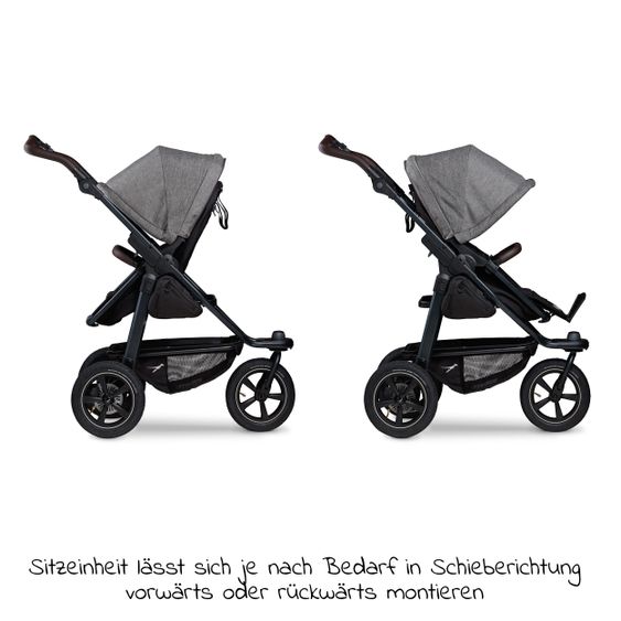 TFK Combi stroller Mono2 pneumatic tires incl. Combi unit (baby bath+seat) with reclining position & XXL accessories package - Pr. Grey