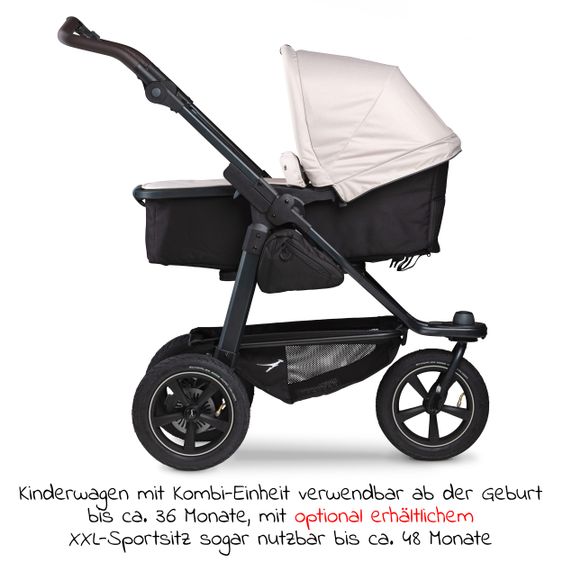 TFK Kombi-Kinderwagen Mono 2 Luftreifen inkl. Kombi-Einheit (Babywanne+Sitz) mit Liegeposition & XXL Zubehörpaket - Sand