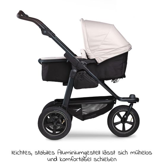 TFK Kombi-Kinderwagen Mono 2 Luftreifen inkl. Kombi-Einheit (Babywanne+Sitz) mit Liegeposition & XXL Zubehörpaket - Sand