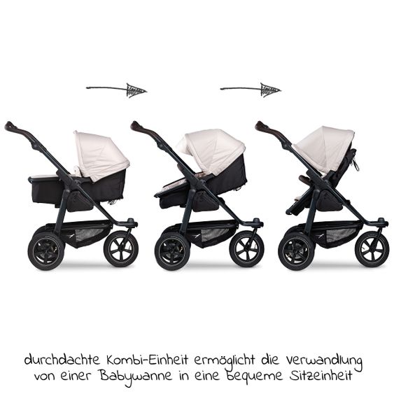 TFK Kombi-Kinderwagen Mono 2 Luftreifen inkl. Kombi-Einheit (Babywanne+Sitz) mit Liegeposition & XXL Zubehörpaket - Sand
