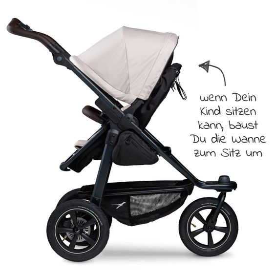 TFK Kombi-Kinderwagen Mono 2 Luftreifen inkl. Kombi-Einheit (Babywanne+Sitz) mit Liegeposition & XXL Zubehörpaket - Sand