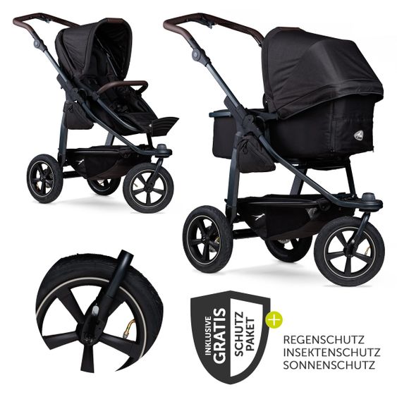 TFK Kombi-Kinderwagen Mono 2 Luftreifen inkl. Kombi-Einheit (Babywanne+Sitz) mit Liegeposition & XXL Zubehörpaket - Schwarz