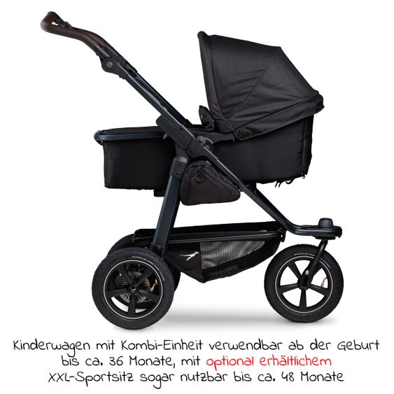 TFK Kombi-Kinderwagen Mono 2 Luftreifen inkl. Kombi-Einheit (Babywanne+Sitz) mit Liegeposition & XXL Zubehörpaket - Schwarz