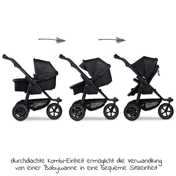 TFK Kombi-Kinderwagen Mono 2 Luftreifen inkl. Kombi-Einheit (Babywanne+Sitz) mit Liegeposition & XXL Zubehörpaket - Schwarz