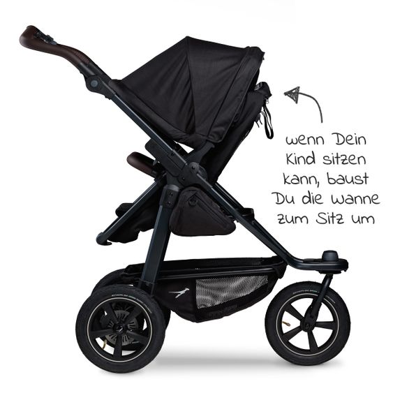 TFK Kombi-Kinderwagen Mono 2 Luftreifen inkl. Kombi-Einheit (Babywanne+Sitz) mit Liegeposition & XXL Zubehörpaket - Schwarz