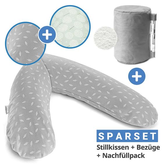 Theraline 4-tlg. Stillkissen Sparset Das Original 190 cm inkl. 2 Bezügen + feine Perlen-Nachfüllpack 9,5 l - Leaves & Pusteblume