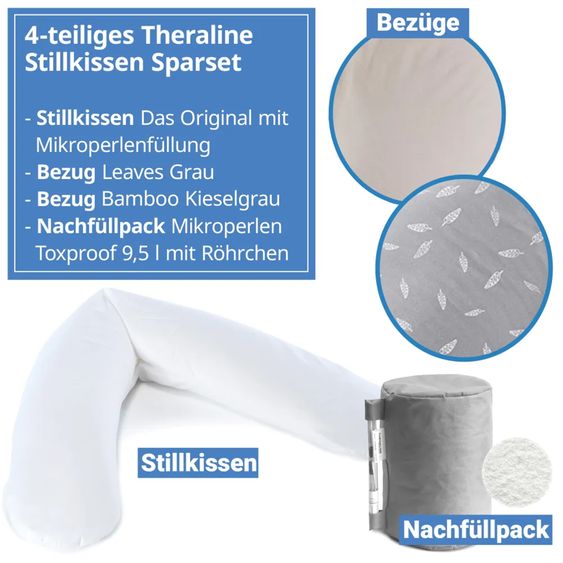 Theraline 4-tlg. Stillkissen Sparset Das Original 190 cm inkl. 2 Bezügen + Mikroperlen-Nachfüllpack 9,5 l - Leaves & Bamboo Kieselgrau