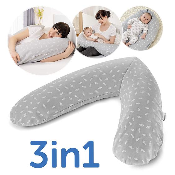 Theraline Set economico di 4 cuscini per l'allattamento The Original 190 cm incl. 2 fodere + confezione di ricarica di microsfere da 9,5 l - Foglie & Bambù grigio ciottolo