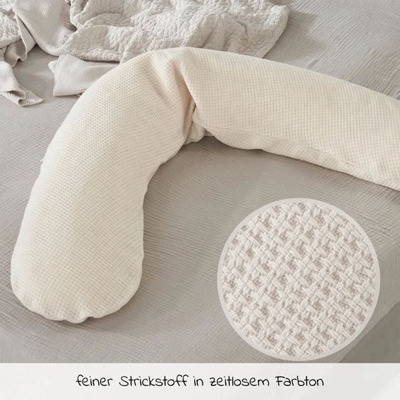 Theraline 4-tlg. Stillkissen Sparset Das Original 190 cm inkl. 2 Bezügen + Mikroperlen-Nachfüllpack 9,5 l - Leaves & Feinstrick Creme