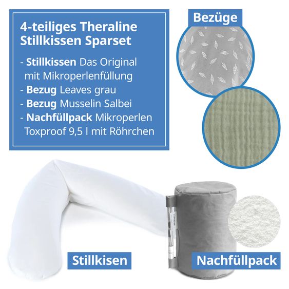 Theraline Set economico di 4 cuscini per l'allattamento The Original 190 cm incl. 2 fodere + confezione di ricarica di microsfere da 9,5 litri - Foglie e mussola salvia