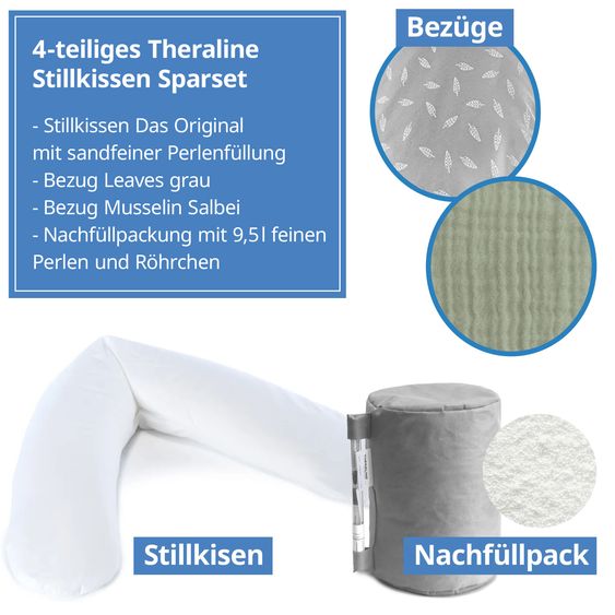 Theraline 4-tlg. Stillkissen Sparset Das Original 190 cm inkl. 2 Bezügen + Mikroperlen-Nachfüllpack 9,5 l - Leaves & Musselin Salbei