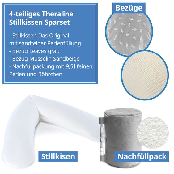 Theraline 4-piece nursing pillow economy set The Original 190 cm incl. 2 covers + microbead refill pack 9.5 l - Leaves & Muslin Sand beige