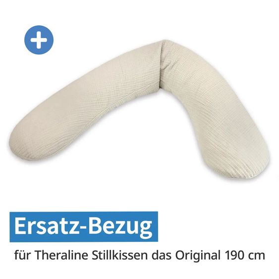 Theraline 4-piece nursing pillow economy set The Original 190 cm incl. 2 covers + microbead refill pack 9.5 l - Leaves & Muslin Sand beige