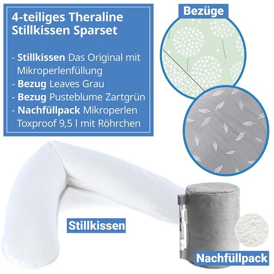 Theraline Set economico di 4 cuscini per l'allattamento The Original 190 cm con 2 fodere + confezione di ricarica di microsfere da 9,5 litri - Foglie e Dente di Leone