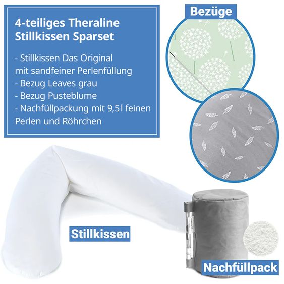 Theraline Set economico di 4 cuscini per l'allattamento The Original 190 cm con 2 fodere + confezione di ricarica di microsfere da 9,5 litri - Foglie e Dente di Leone
