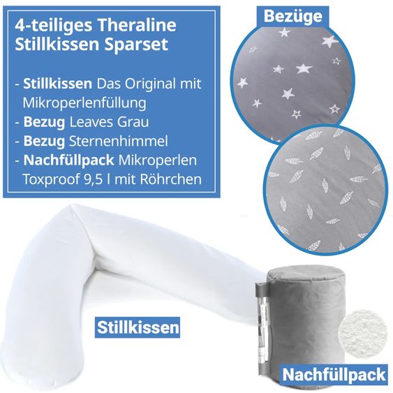 Theraline 4-piece nursing pillow economy set The Original 190 cm incl. 2 covers + micro beads refill pack 9.5 l - Leaves & starry sky